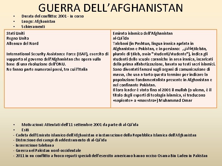 GUERRA DELL’AFGHANISTAN • Durata del conflitto: 2001 - in corso • Luogo: Afghanistan •