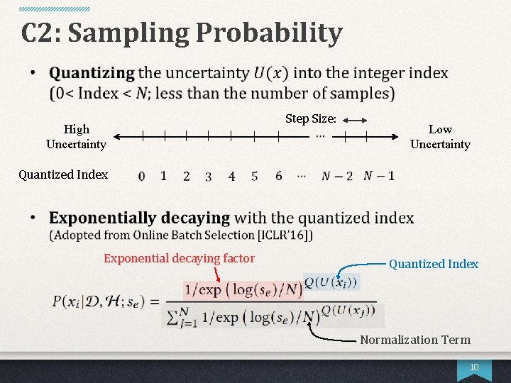 C 2: Sampling Probability High Uncertainty Step Size: Low Uncertainty Quantized Index Exponential decaying