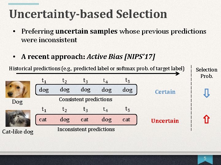 Uncertainty-based Selection • Preferring uncertain samples whose previous predictions were inconsistent • A recent