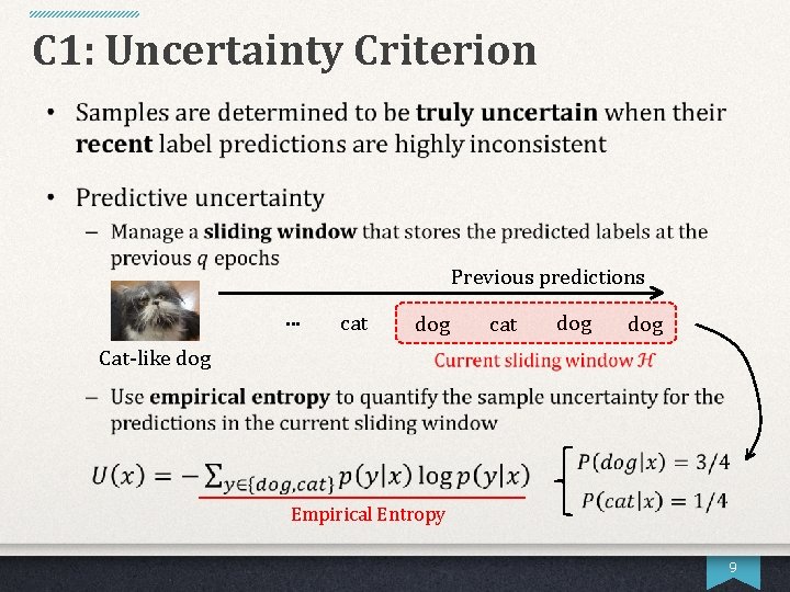 C 1: Uncertainty Criterion Previous predictions … cat dog dog Cat-like dog Empirical Entropy