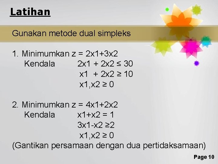 Latihan Gunakan metode dual simpleks 1. Minimumkan z = 2 x 1+3 x 2