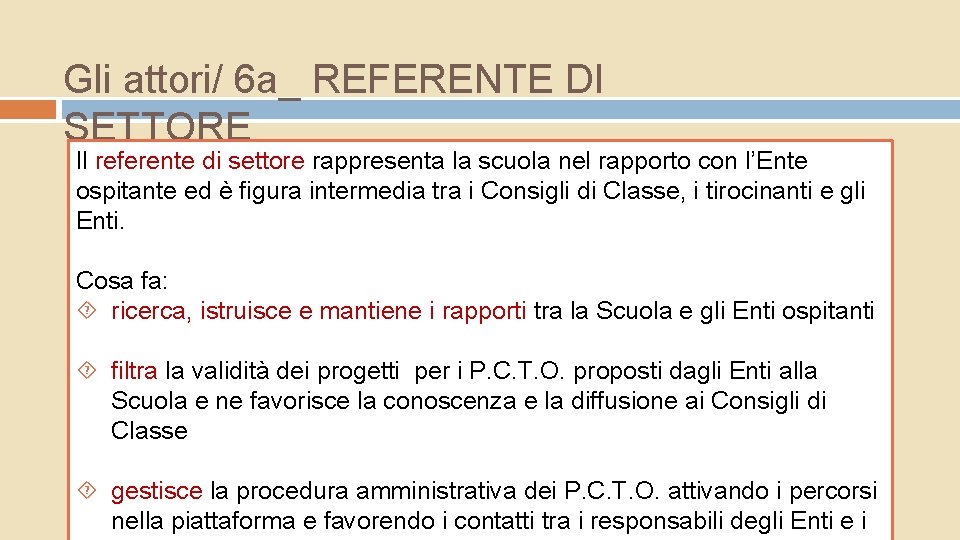 Gli attori/ 6 a_ REFERENTE DI SETTORE Il referente di settore rappresenta la scuola Gli attori/ 6 a_ REFERENTE DI SETTORE Il referente di settore rappresenta la scuola