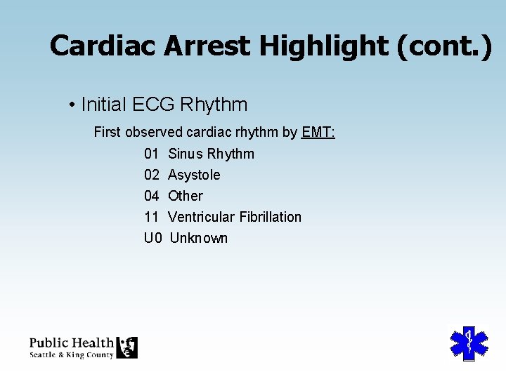 Cardiac Arrest Highlight (cont. ) • Initial ECG Rhythm First observed cardiac rhythm by
