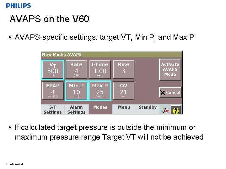 AVAPS on the V 60 • AVAPS-specific settings: target VT, Min P, and Max