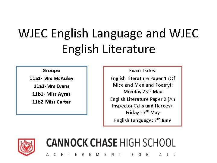 WJEC English Language and WJEC English Literature Groups: 11 a 1 - Mrs Mc.