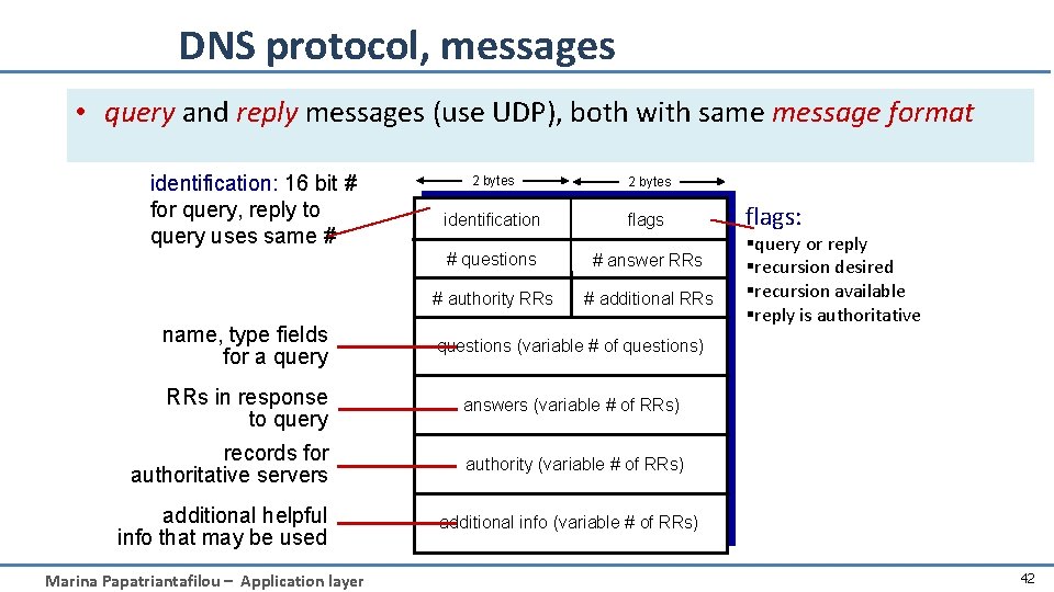 DNS protocol, messages • query and reply messages (use UDP), both with same message