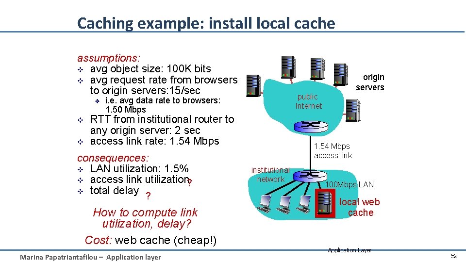 Caching example: install local cache assumptions: v avg object size: 100 K bits v