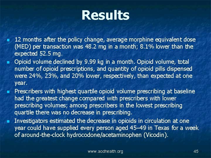 Results n n 12 months after the policy change, average morphine equivalent dose (MED)