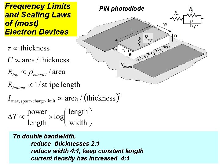 Frequency Limits and Scaling Laws of (most) Electron Devices PIN photodiode To double bandwidth,