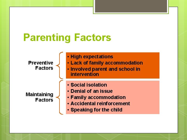 Parenting Factors Preventive Factors Maintaining Factors • High expectations • Lack of family accommodation