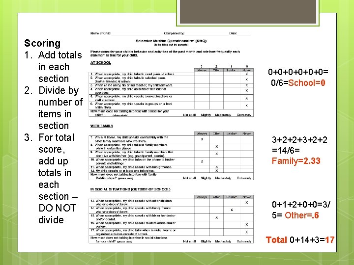 Scoring 1. Add totals in each section 2. Divide by number of items in