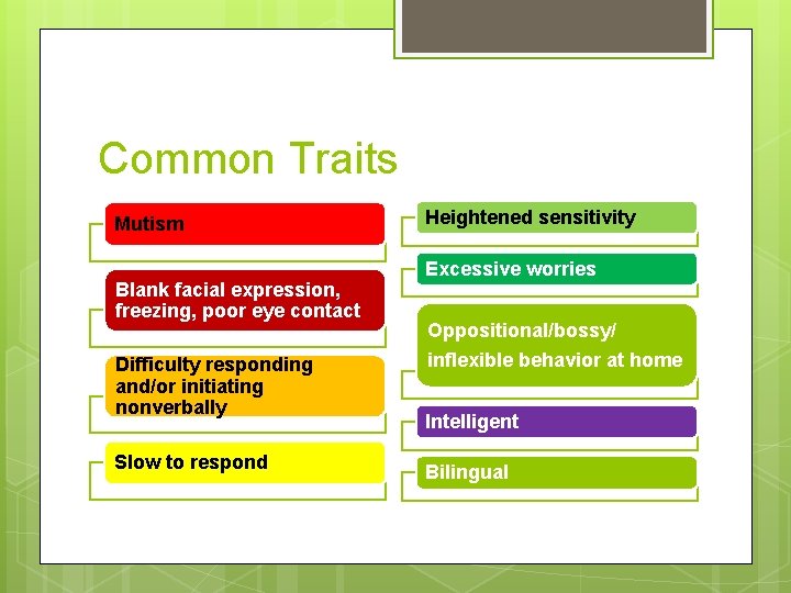 Common Traits Mutism Blank facial expression, freezing, poor eye contact Difficulty responding and/or initiating