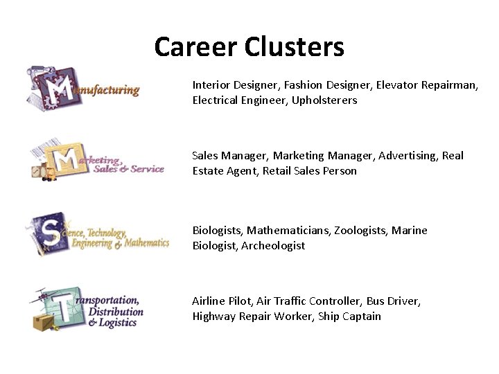 Career Clusters Interior Designer, Fashion Designer, Elevator Repairman, Electrical Engineer, Upholsterers Sales Manager, Marketing