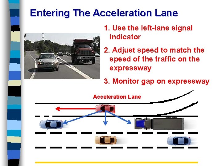 Entering The Acceleration Lane 1. Use the left-lane signal indicator 2. Adjust speed to Entering The Acceleration Lane 1. Use the left-lane signal indicator 2. Adjust speed to