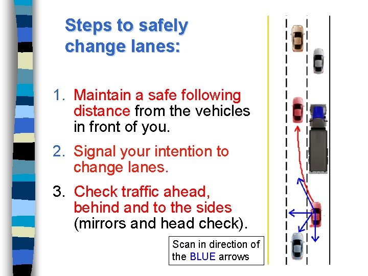 Steps to safely change lanes: 1. Maintain a safe following distance from the vehicles Steps to safely change lanes: 1. Maintain a safe following distance from the vehicles