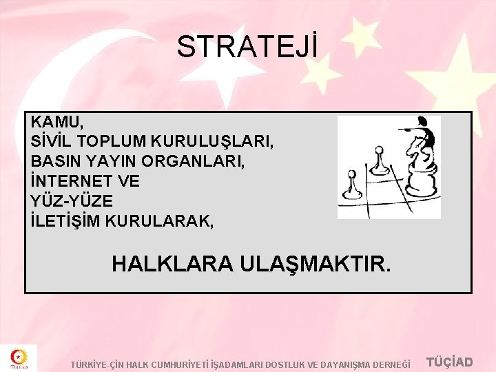 STRATEJİ KAMU, SİVİL TOPLUM KURULUŞLARI, BASIN YAYIN ORGANLARI, İNTERNET VE YÜZ-YÜZE İLETİŞİM KURULARAK, HALKLARA