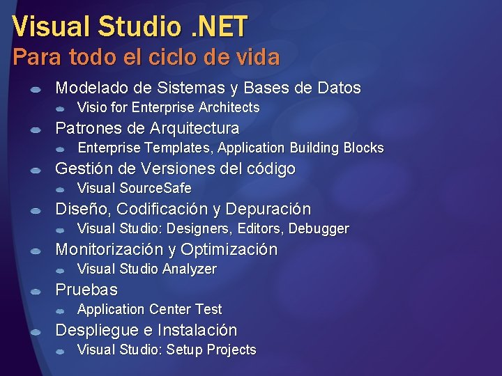Visual Studio. NET Para todo el ciclo de vida Modelado de Sistemas y Bases Visual Studio. NET Para todo el ciclo de vida Modelado de Sistemas y Bases