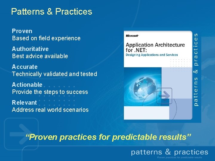 Patterns & Practices Proven Based on field experience Authoritative Best advice available Accurate Technically Patterns & Practices Proven Based on field experience Authoritative Best advice available Accurate Technically