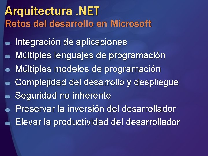 Arquitectura. NET Retos del desarrollo en Microsoft Integración de aplicaciones Múltiples lenguajes de programación Arquitectura. NET Retos del desarrollo en Microsoft Integración de aplicaciones Múltiples lenguajes de programación