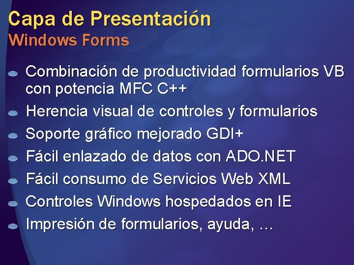 Capa de Presentación Windows Forms Combinación de productividad formularios VB con potencia MFC C++ Capa de Presentación Windows Forms Combinación de productividad formularios VB con potencia MFC C++