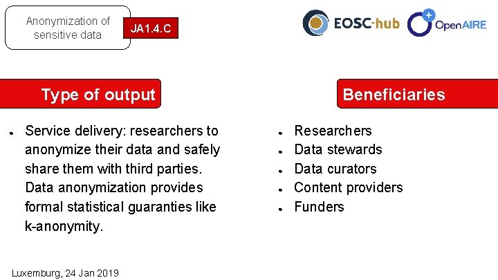 Anonymization of sensitive data JA 1. 4. C Type of output ● Service delivery:
