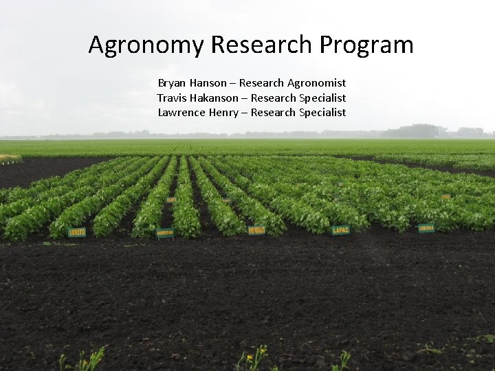 Agronomy Research Program Bryan Hanson – Research Agronomist Travis Hakanson – Research Specialist Lawrence