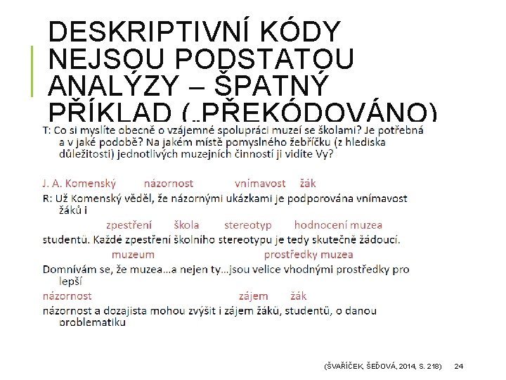 DESKRIPTIVNÍ KÓDY NEJSOU PODSTATOU ANALÝZY – ŠPATNÝ PŘÍKLAD („PŘEKÓDOVÁNO) (ŠVAŘÍČEK, ŠEĎOVÁ, 2014, S. 218)