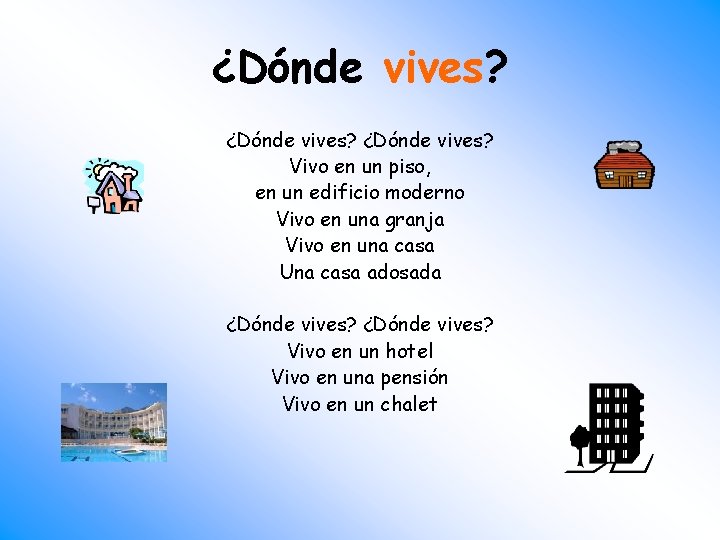 ¿Dónde vives? Vivo en un piso, en un edificio moderno Vivo en una granja