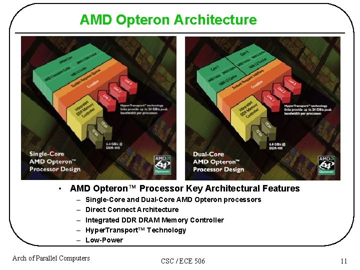 AMD Opteron Architecture • AMD Opteron™ Processor Key Architectural Features – – – Single-Core