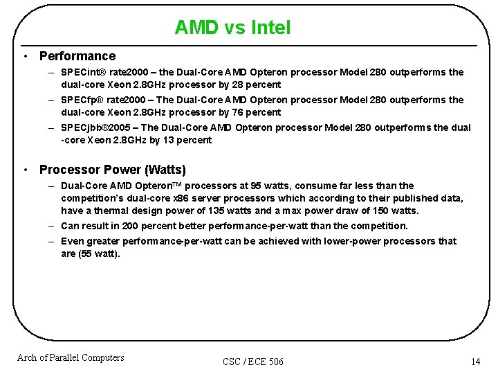 AMD vs Intel • Performance – SPECint® rate 2000 – the Dual-Core AMD Opteron