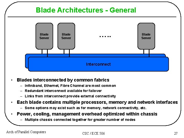 Blade Architectures - General Blade Server …. . Blade Server Interconnect • Blades interconnected