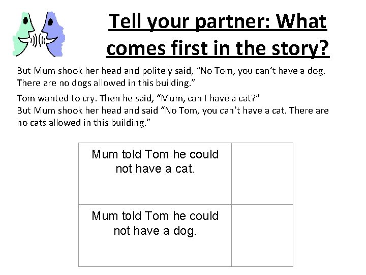 Tell your partner: What comes first in the story? But Mum shook her head