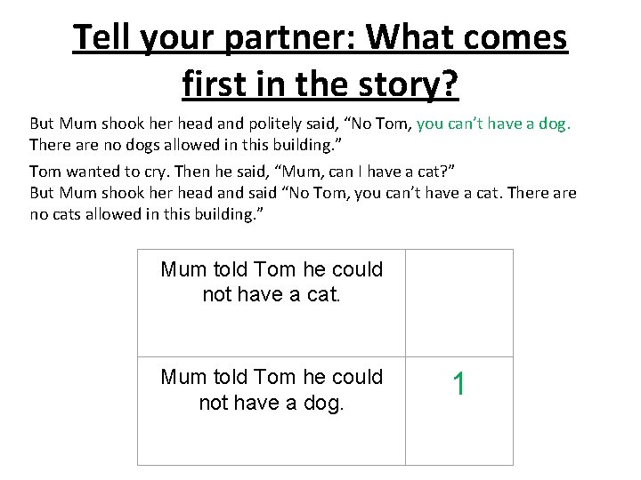 Tell your partner: What comes first in the story? But Mum shook her head