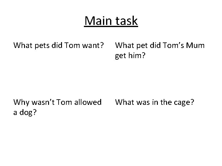 Main task What pets did Tom want? What pet did Tom’s Mum get him?