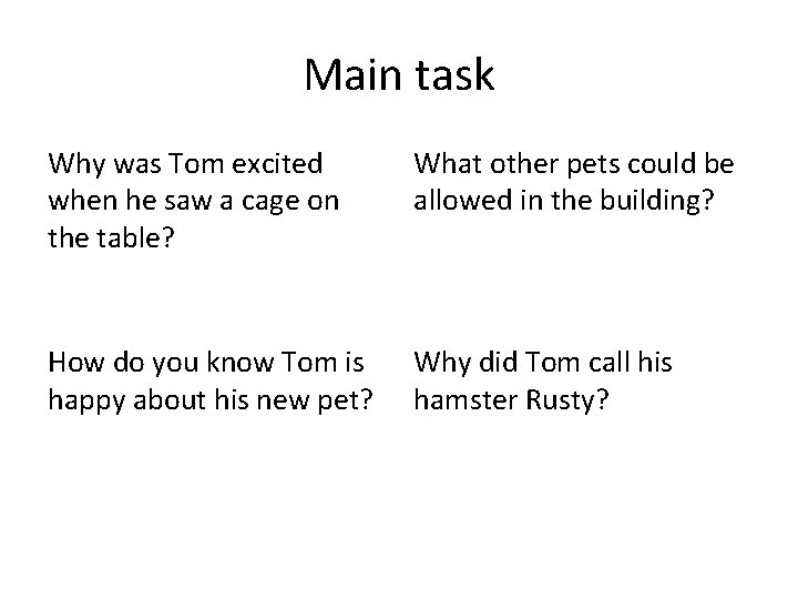 Main task Why was Tom excited when he saw a cage on the table?