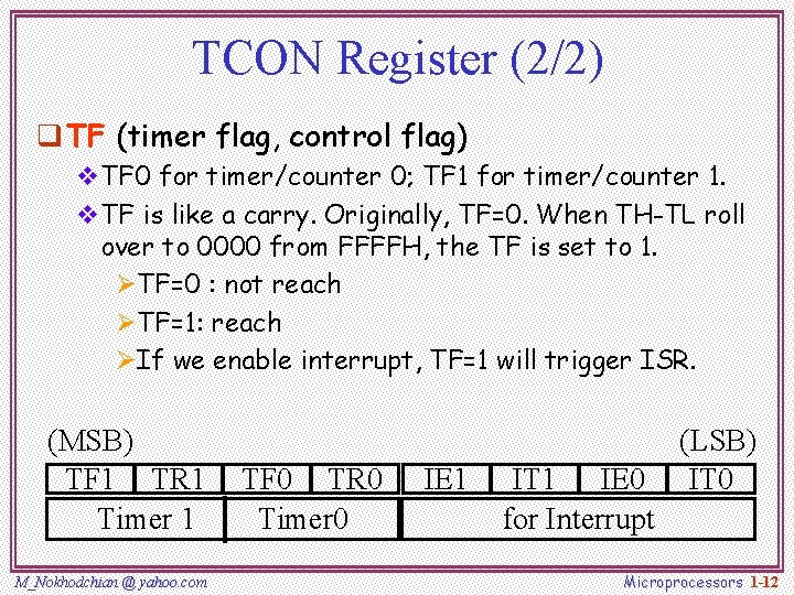 TCON Register (2/2) q TF (timer flag, control flag) v. TF 0 for timer/counter