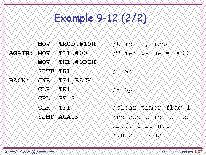 Example 9 -12 (2/2) MOV AGAIN: MOV SETB BACK: JNB CLR CPL CLR SJMP