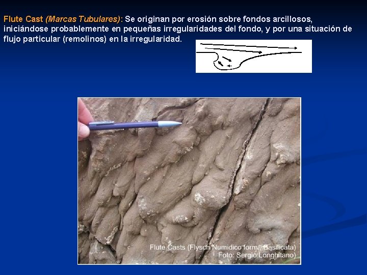 Flute Cast (Marcas Tubulares): Se originan por erosión sobre fondos arcillosos, iniciándose probablemente en