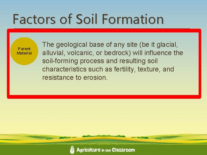 Factors of Soil Formation Parent Material The geological base of any site (be it