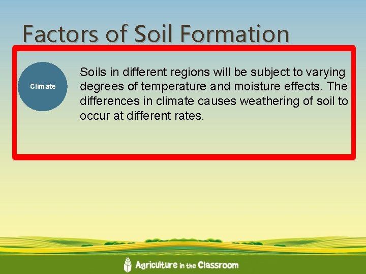 Factors of Soil Formation Climate Soils in different regions will be subject to varying