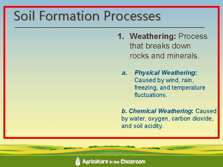 Soil Formation Processes 1. Weathering: Process that breaks down rocks and minerals. a. Physical