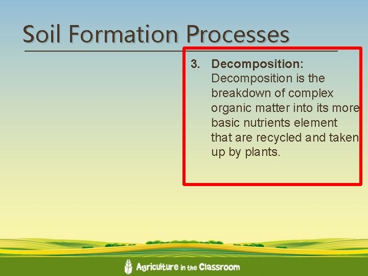 Soil Formation Processes 3. Decomposition: Decomposition is the breakdown of complex organic matter into