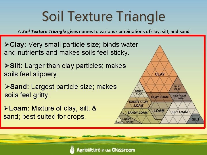 Soil Texture Triangle A Soil Texture Triangle gives names to various combinations of clay,