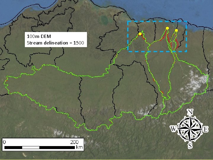 100 m DEM Stream delineation = 1500 