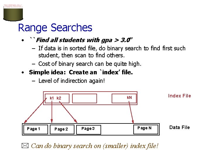 Range Searches • ``Find all students with gpa > 3. 0’’ – If data