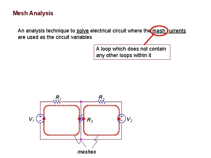 Mesh Analysis An analysis technique to solve electrical circuit where the mesh currents are