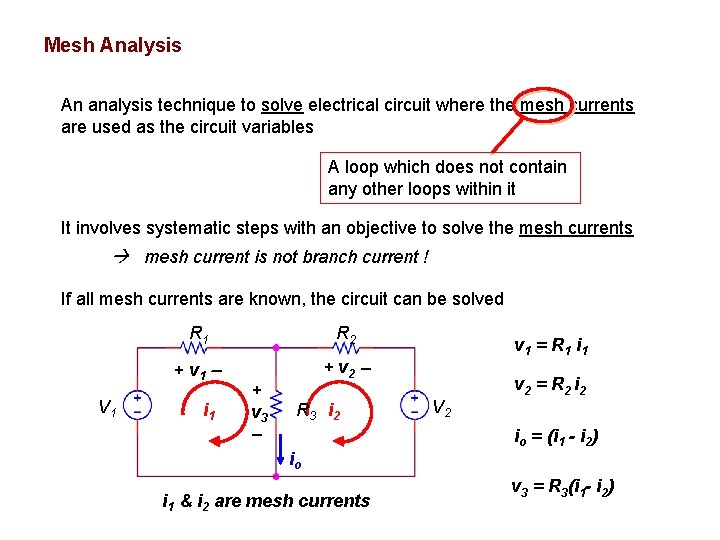 Mesh Analysis An analysis technique to solve electrical circuit where the mesh currents are