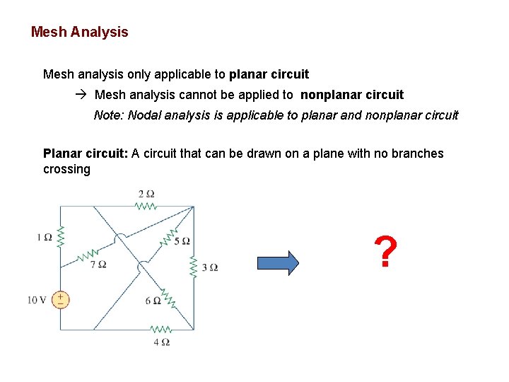 Mesh Analysis Mesh analysis only applicable to planar circuit Mesh analysis cannot be applied