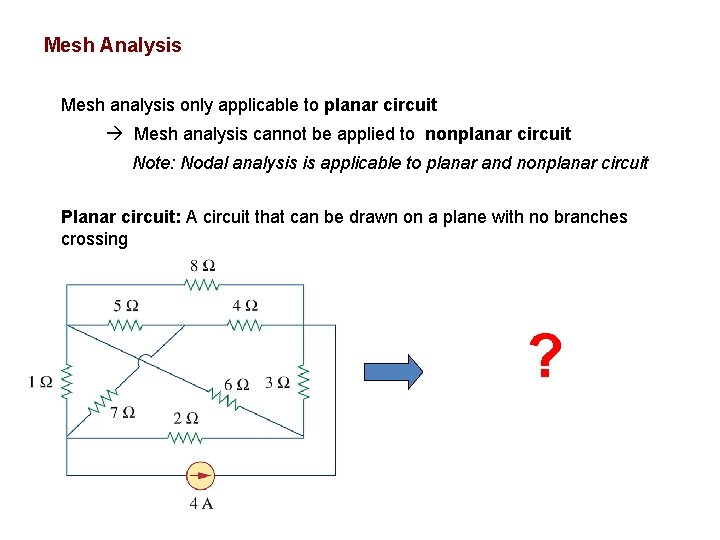 Mesh Analysis Mesh analysis only applicable to planar circuit Mesh analysis cannot be applied