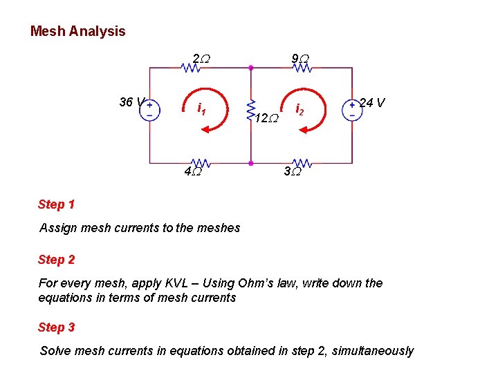 Mesh Analysis 36 V 2 9 i 1 i 2 4 12 24 V